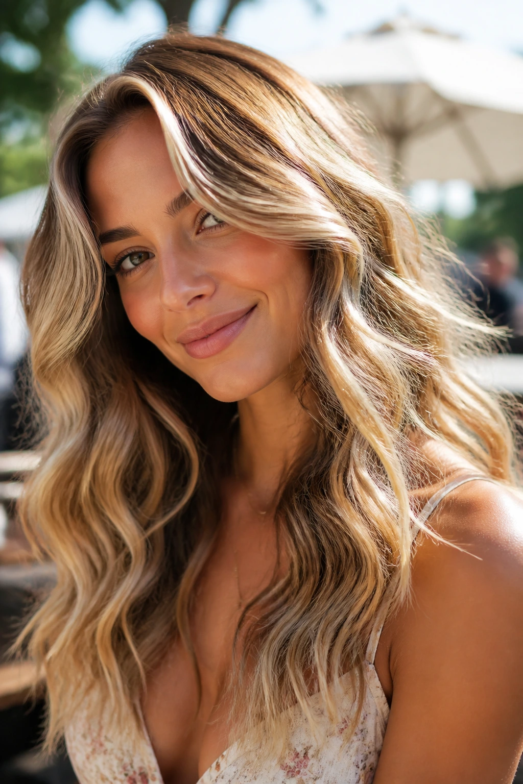 Close-up of sun-kissed balayage blonde waves on a real woman in sunlit outdoors