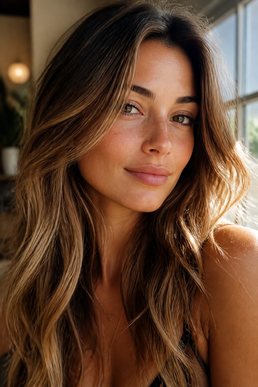 Real person with sun-kissed balayage highlights around hairline and ends, portrait shot