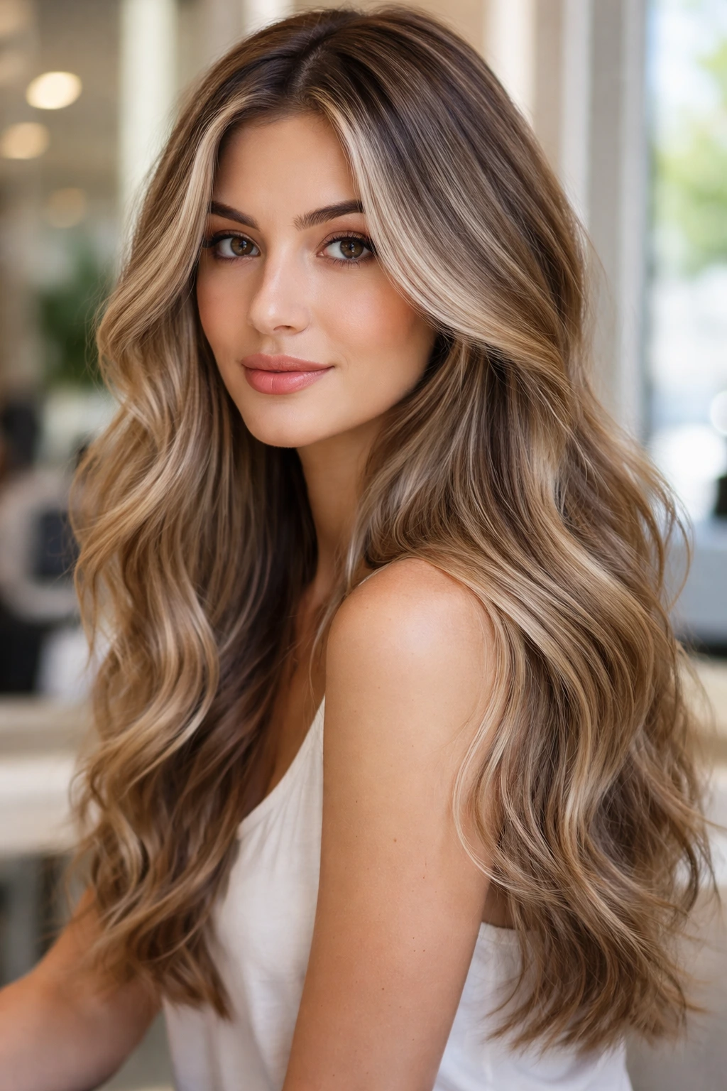 Close-up portrait of a woman with sun-kissed beige highlights on cool-toned hair in a bright salon setting.