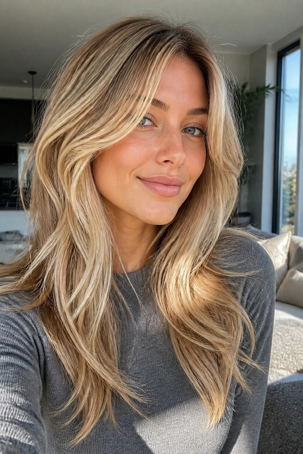 Close-up of a real person with sun-kissed blond shag and invisible layers