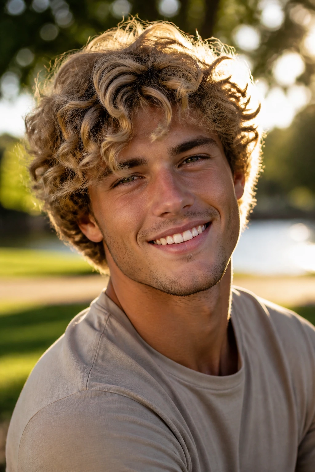Real man with sun-kissed blonde curls in warm outdoor light