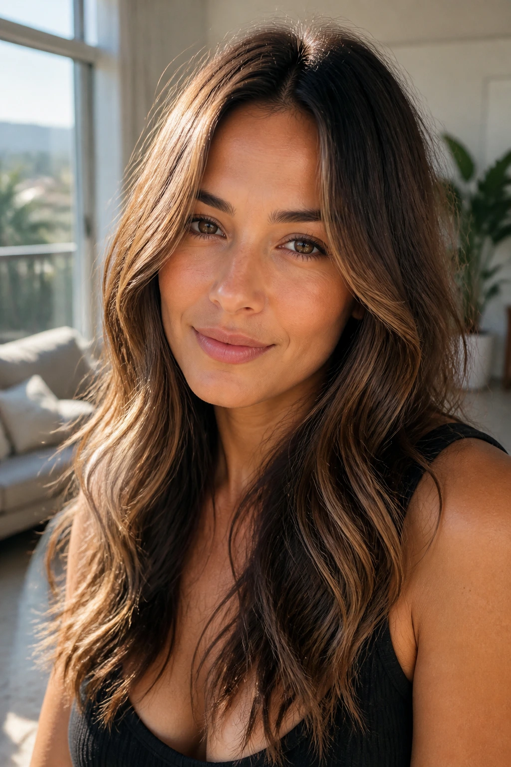 Real woman with sun-kissed brunette balayage on wavy hair in sunlit room