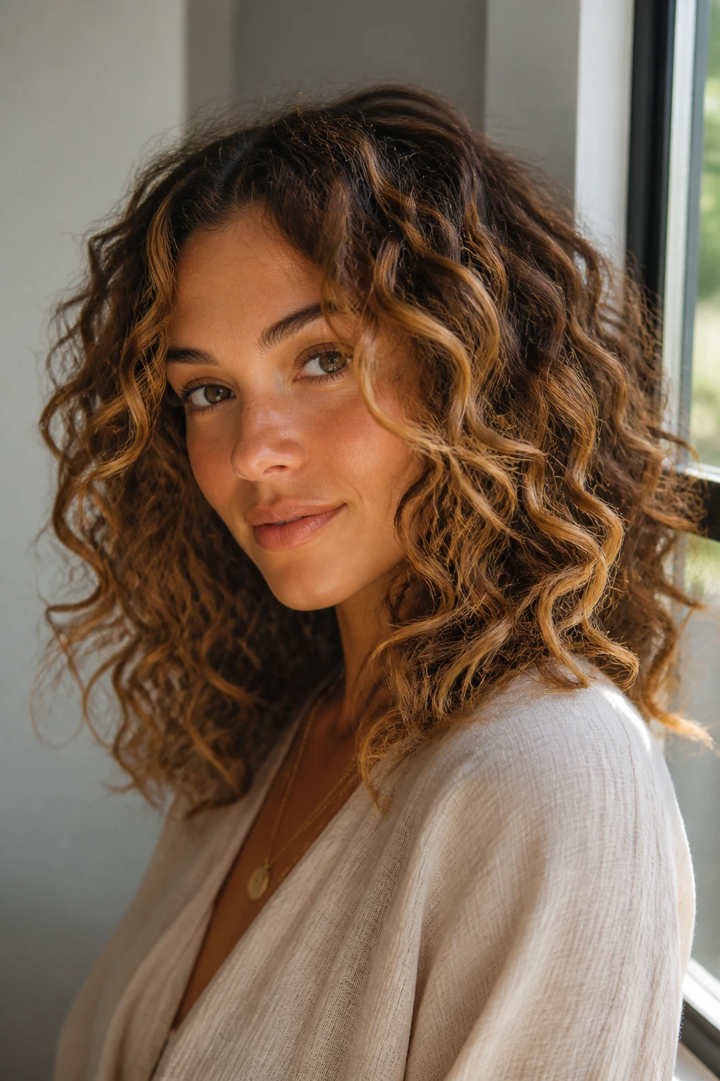 Close-up of curly hair with sun-kissed caramel highlights around the face.