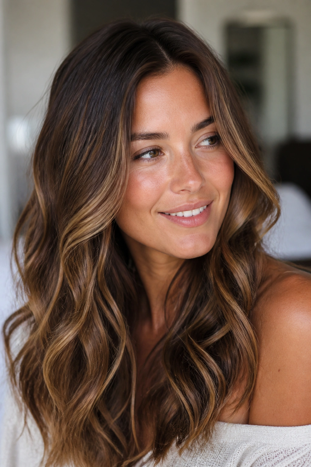 Close-up of a real woman with sun-kissed chestnut waves and subtle blonde highlights.
