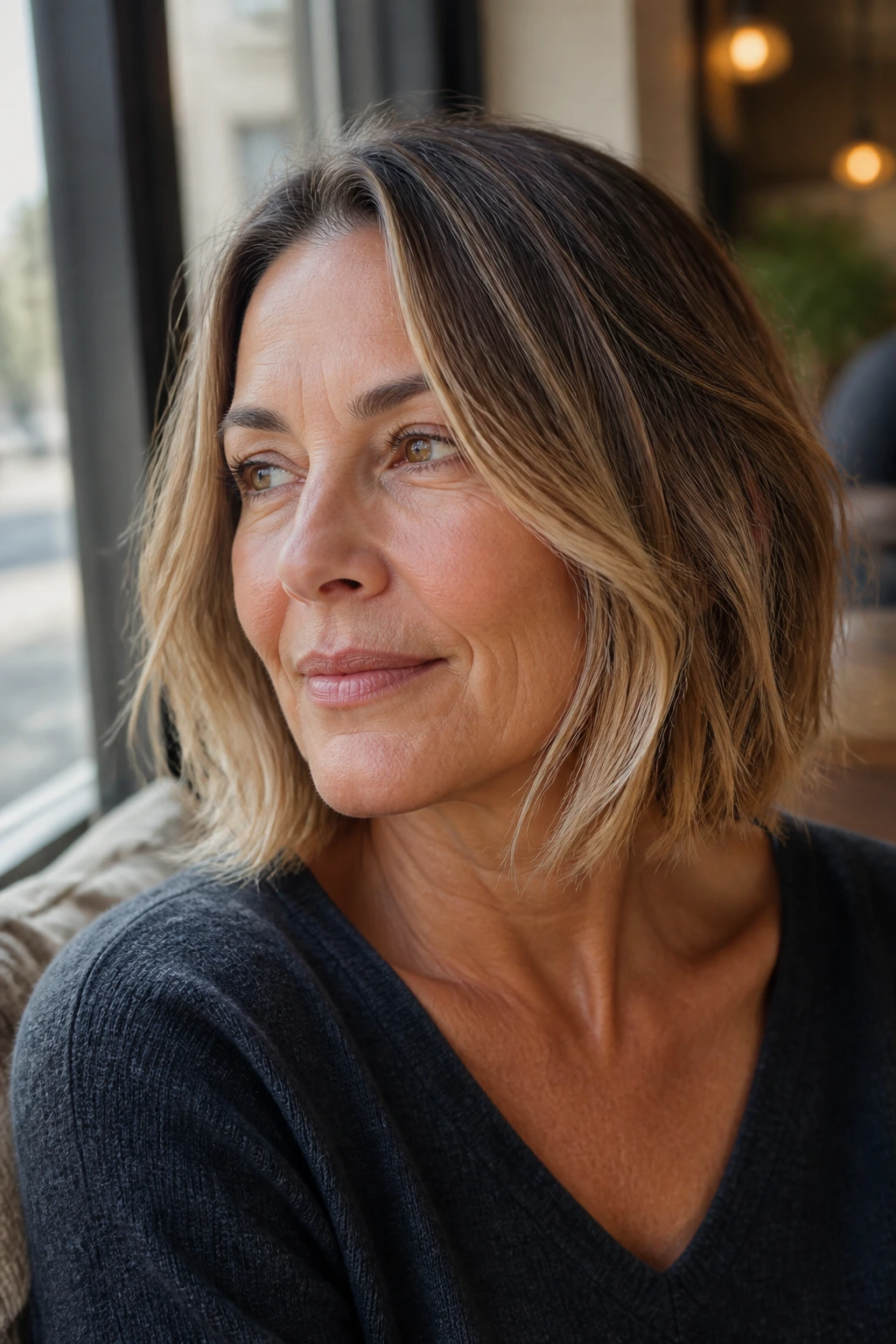 Close-up of a bob with sun-kissed ends highlighting the hair tips