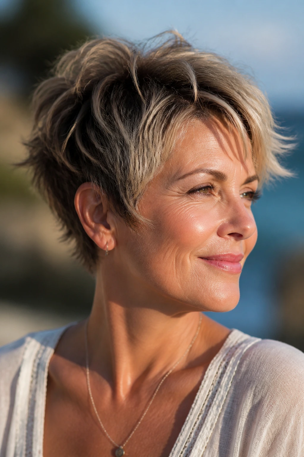 Portrait of a woman with a short crop featuring sun-kissed blonde ends.