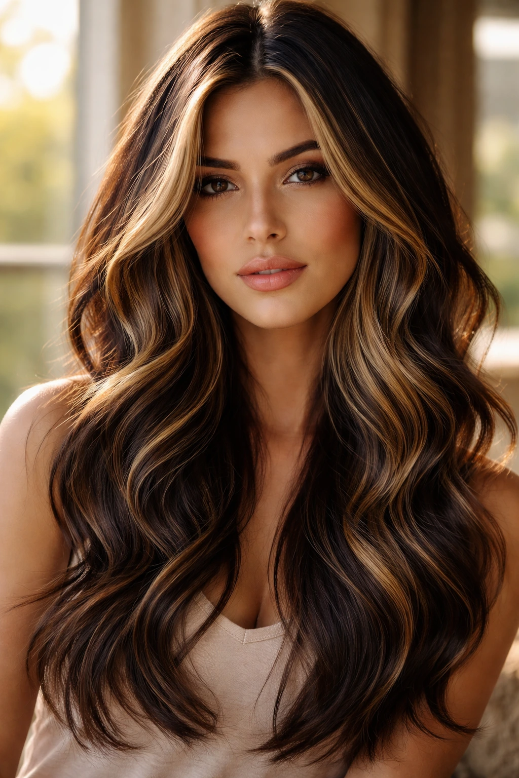 Close-up of sun-kissed hair with blonde highlights and black lowlights