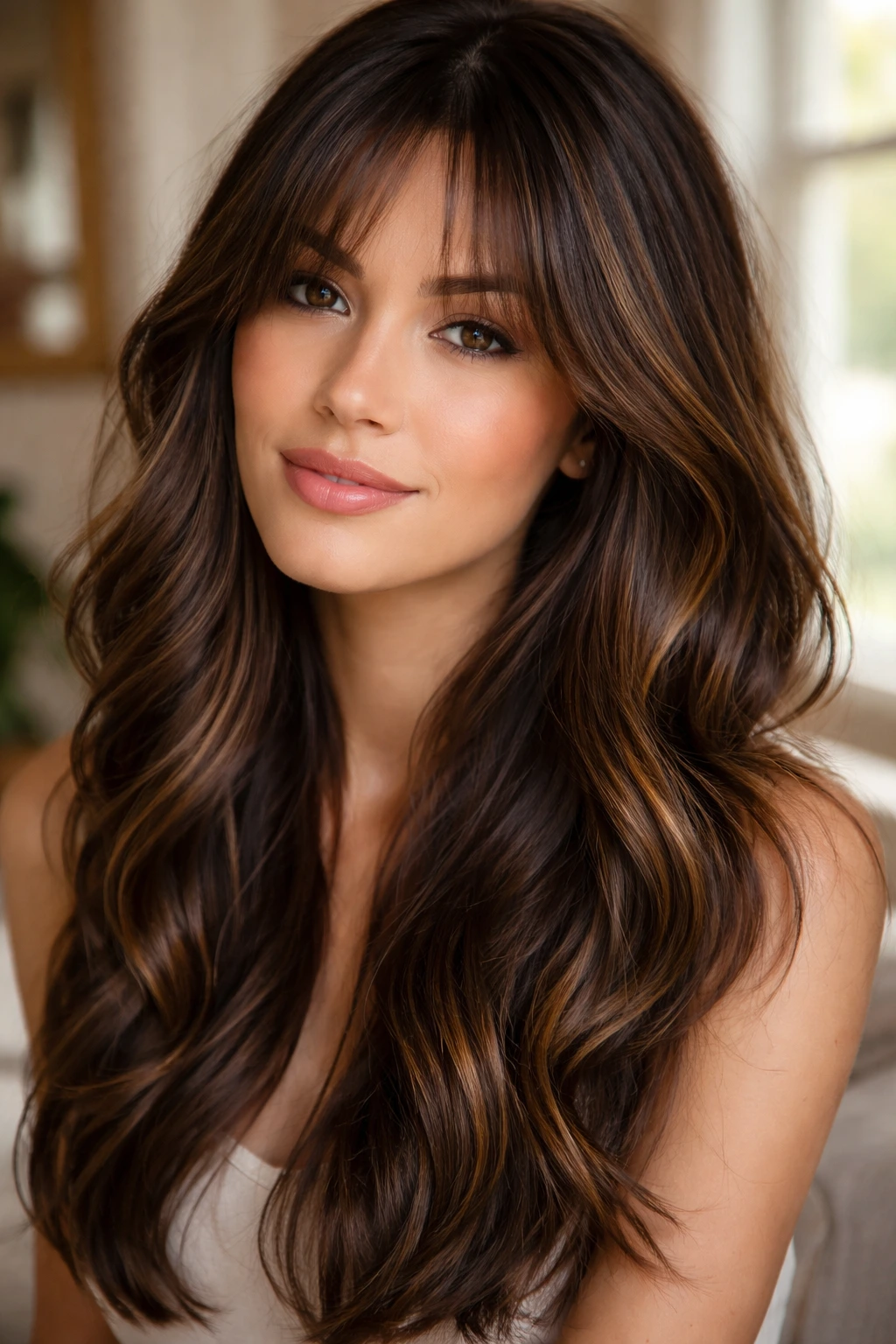 Close-up of brunette with sun-kissed honey highlights at crown and ends
