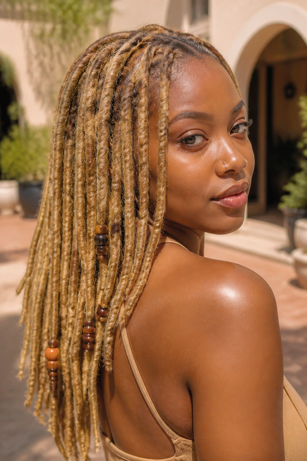 Close-up portrait of a woman with Sun-Kissed Locs with Beads.