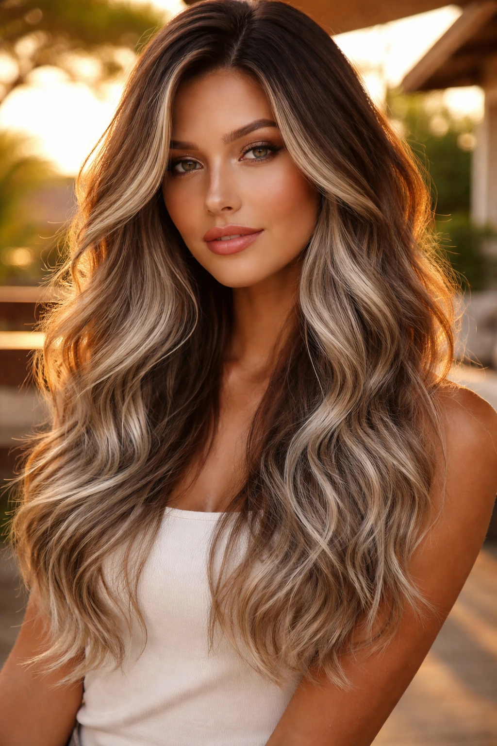 Close-up of a real woman with sun-kissed silver fusion on caramel-brown hair.