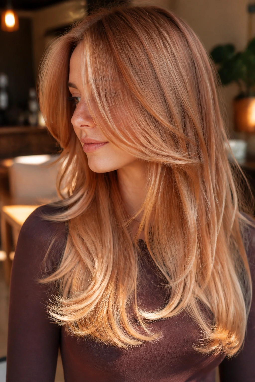 Close-up of a real woman with sun-kissed strawberry layers and bright ends