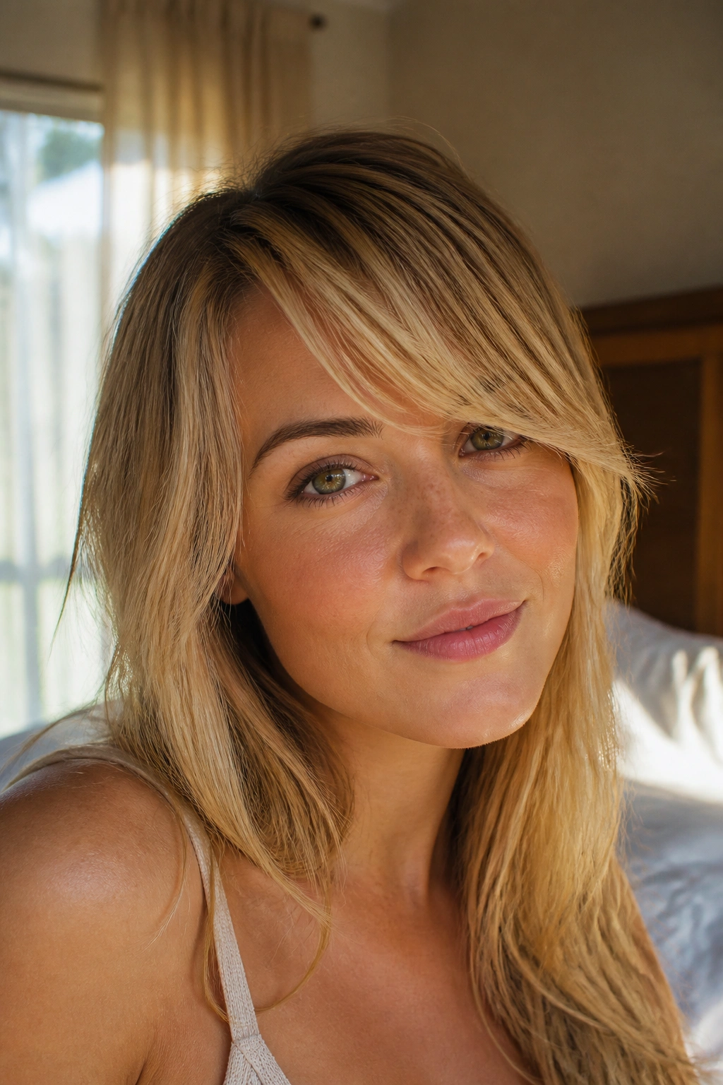 Close-up portrait of a real woman with sunkissed side-part bangs in warm window light