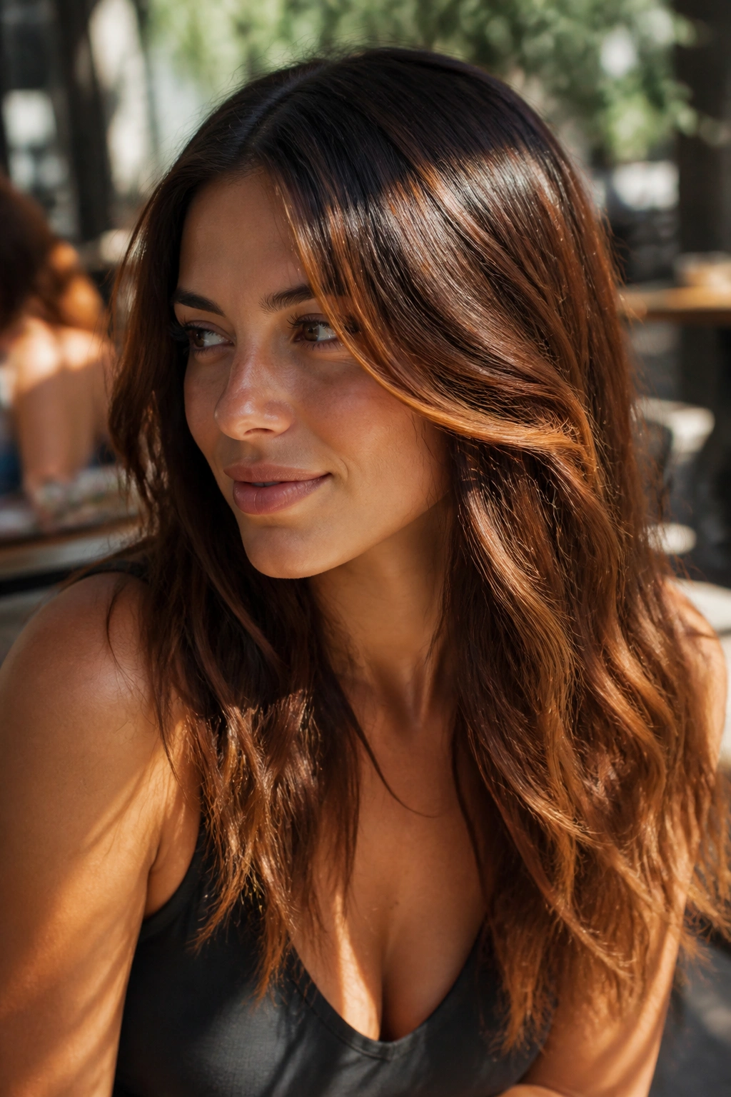 Close-up of a real woman with sunkissed copper balayage on warm brunette hair