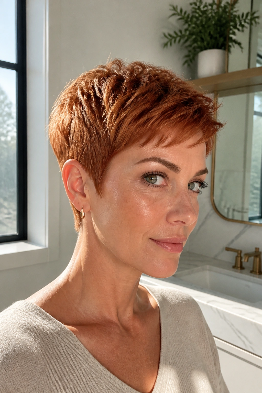 Close-up portrait of a real woman with Sunkissed Copper Crop with Soft Taper