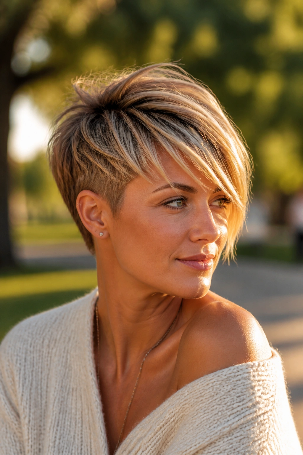 Close-up of a real woman with a sunkissed crop, crown lift, and long fringe