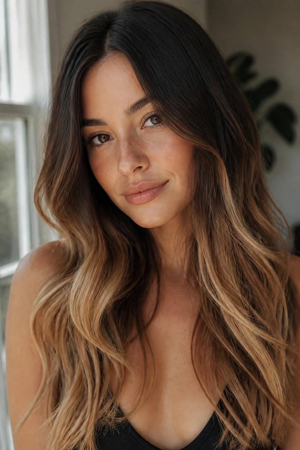 Woman with sunkissed ends and minimal top brightness