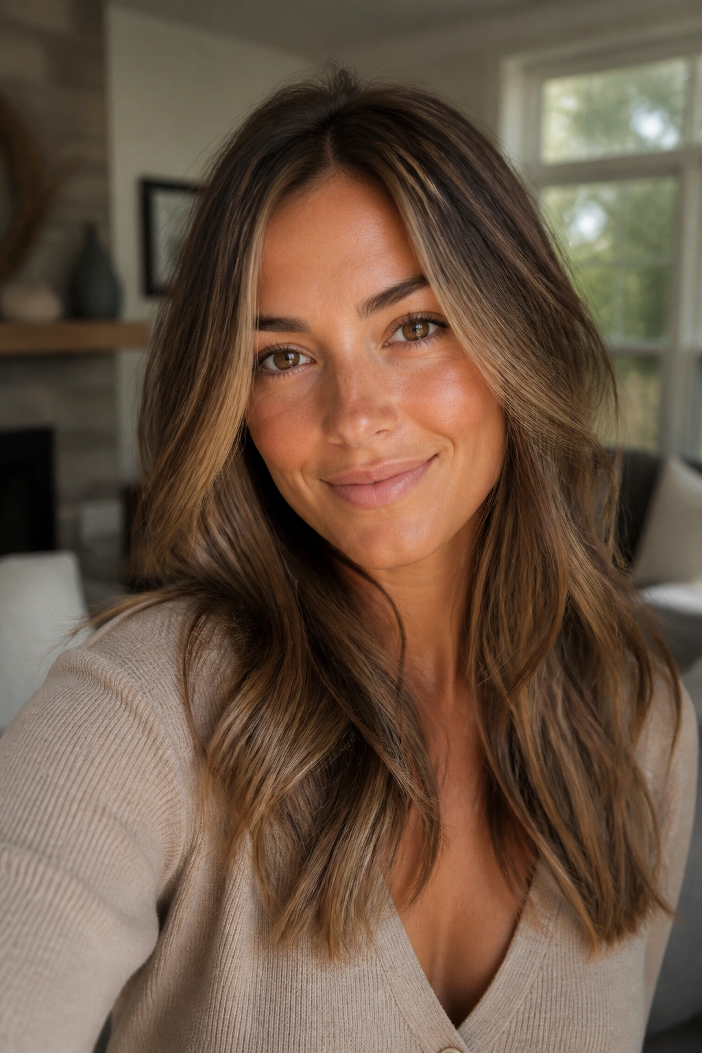 Close-up of a real woman with sun-kissed partial highlights around the face
