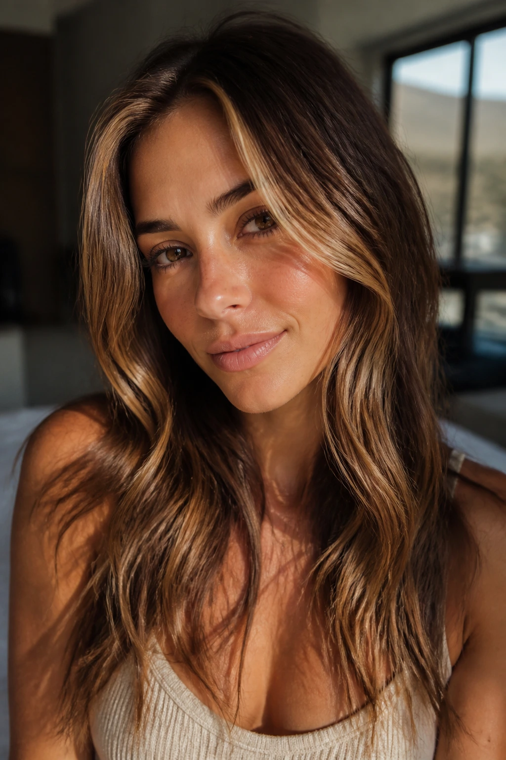 Close-up of hair with sunlit face-framing balayage around the hairline