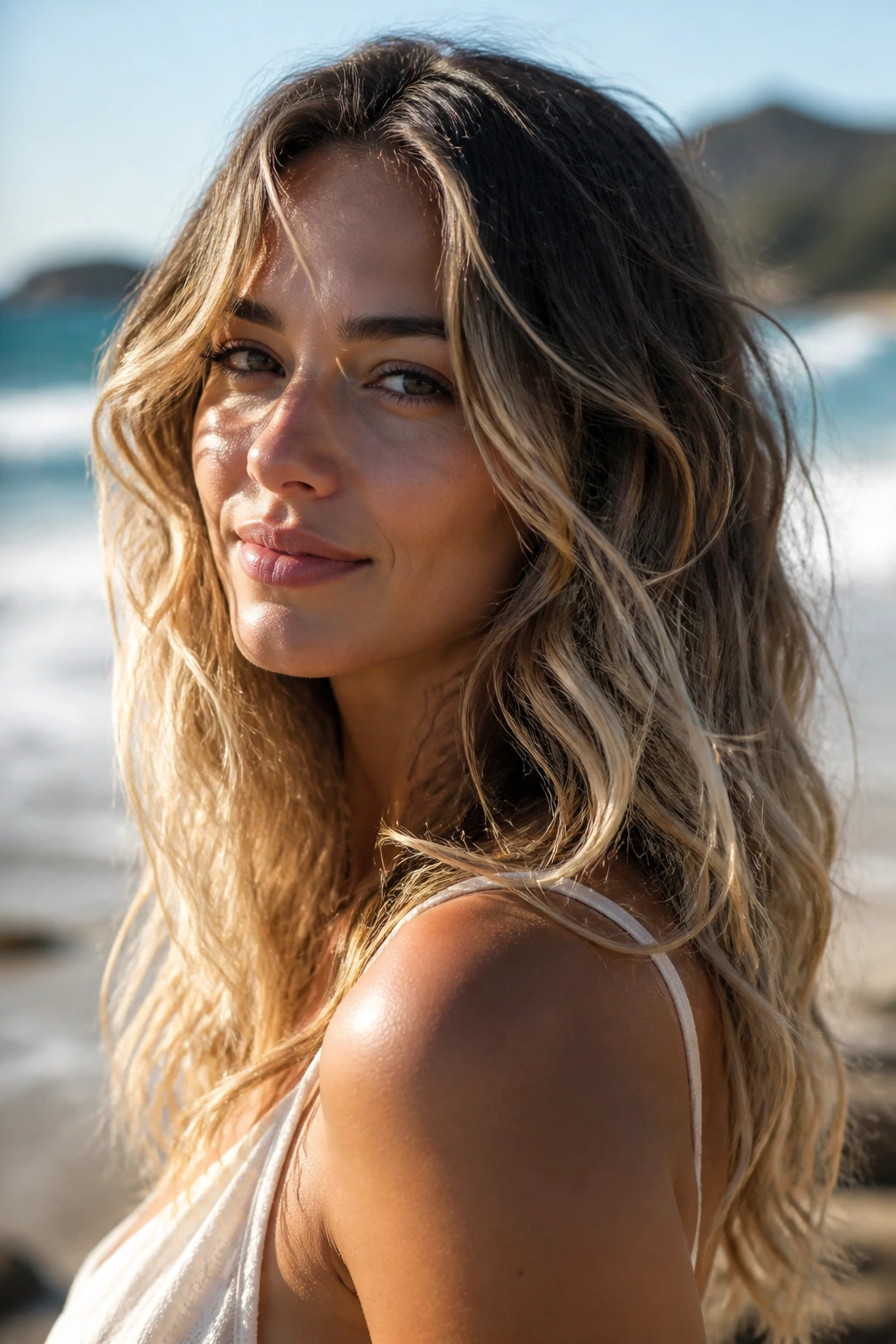 Medium close-up of a real woman with sunlit beige balayage on beachy waves