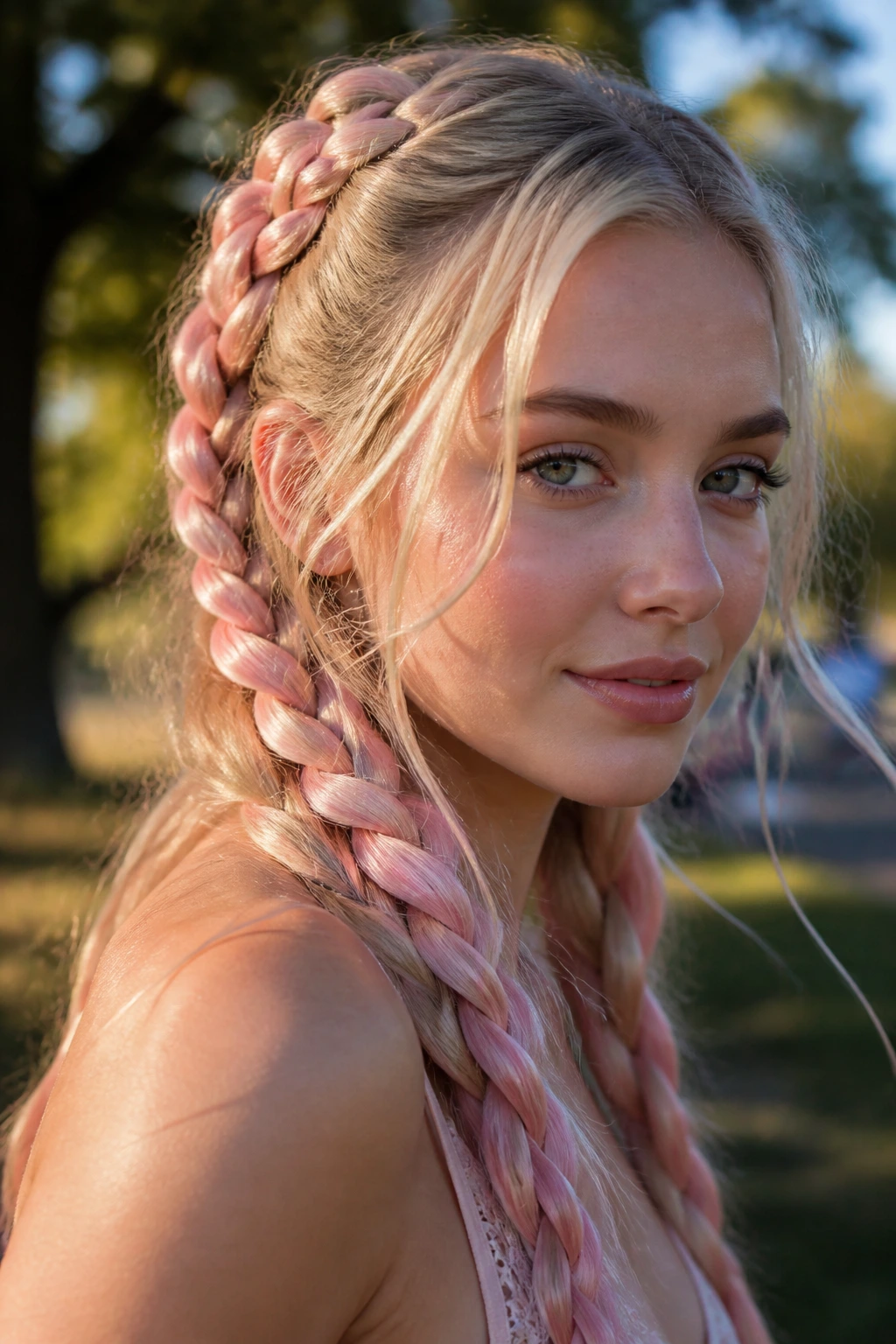 Close-up of a real woman with sunlit blonde hair in pastel pink braids