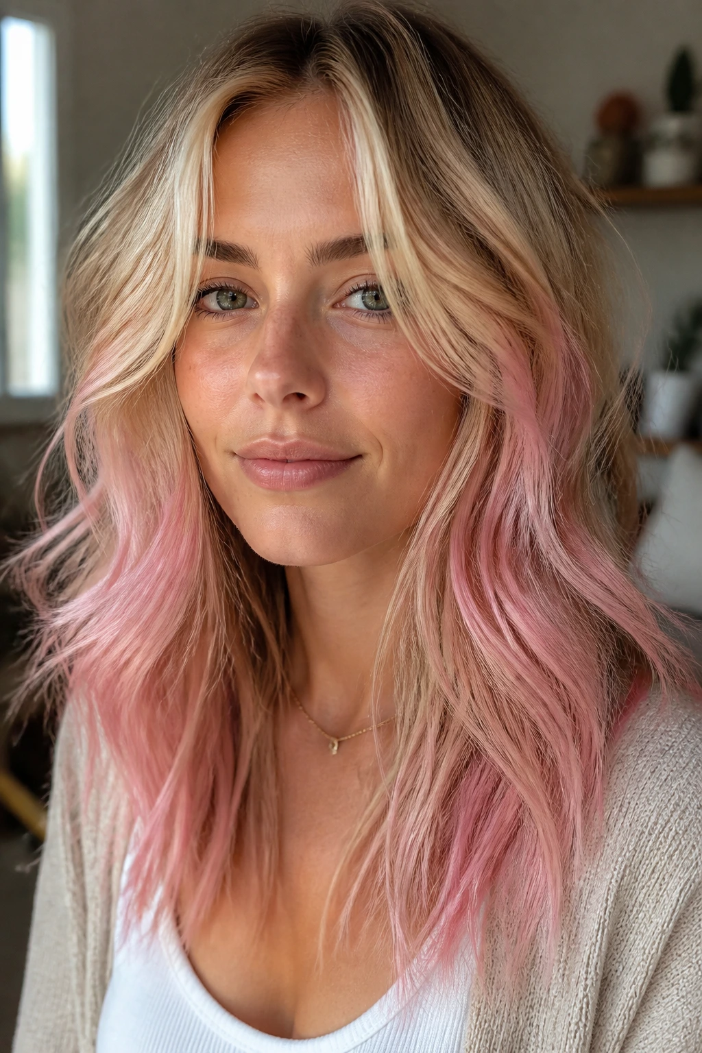 Portrait of a real woman with sunlit blonde hair and pink mid-lengths starting below the cheeks.