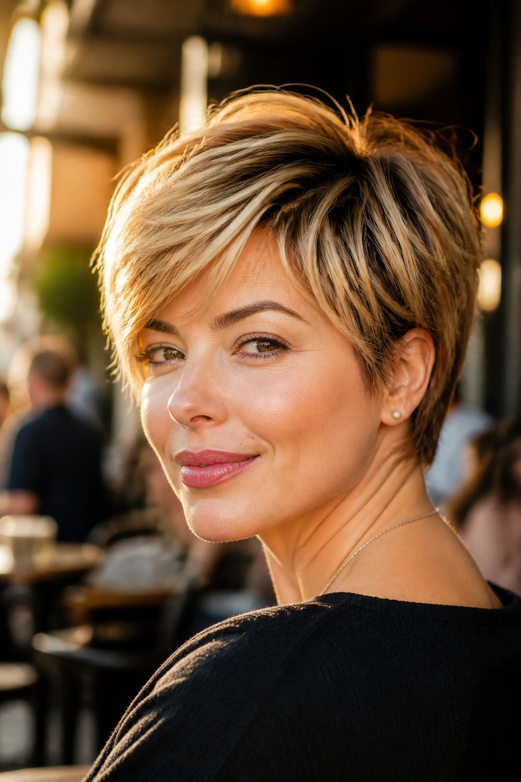 Real woman with textured pixie bob in sunlit blonde