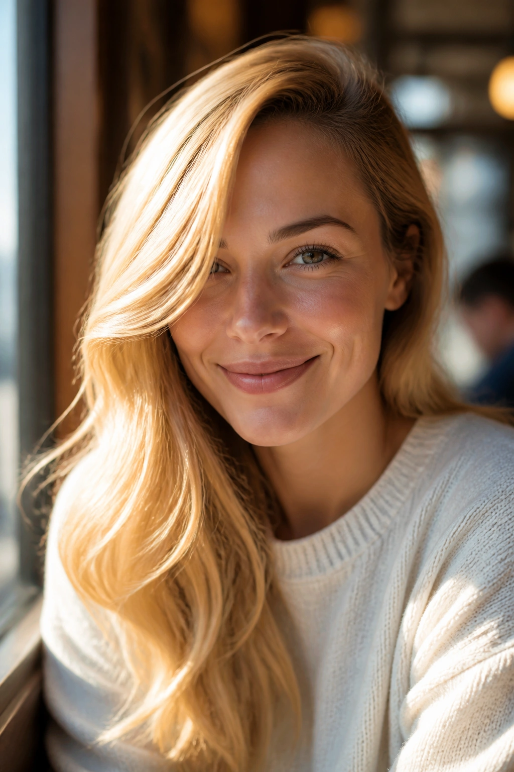 Close-up of a woman with sunlit golden blonde hair side-swept across the face