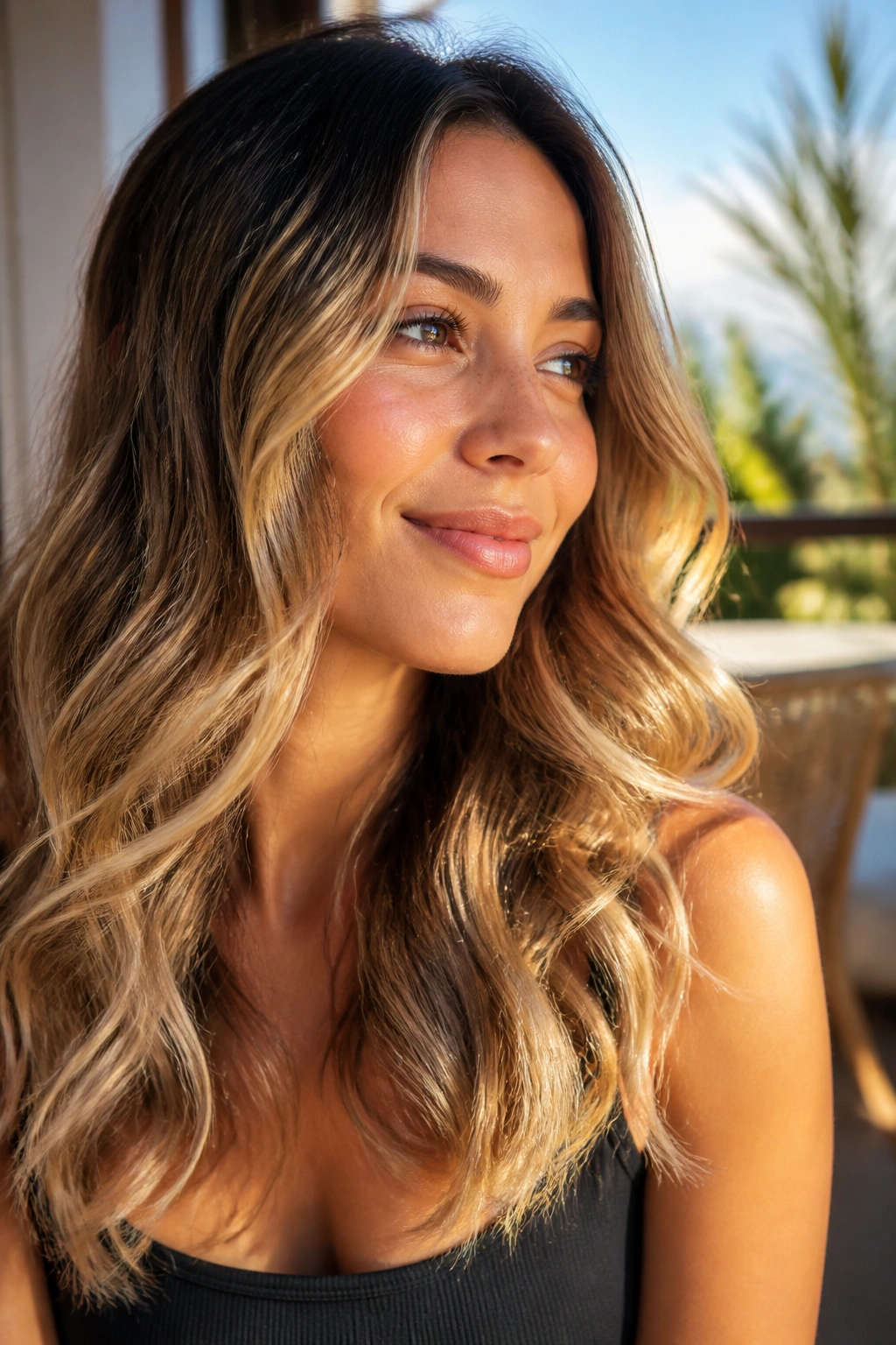 Close-up of real woman with sunlit bronde ombre on wavy hair in bright sunlight