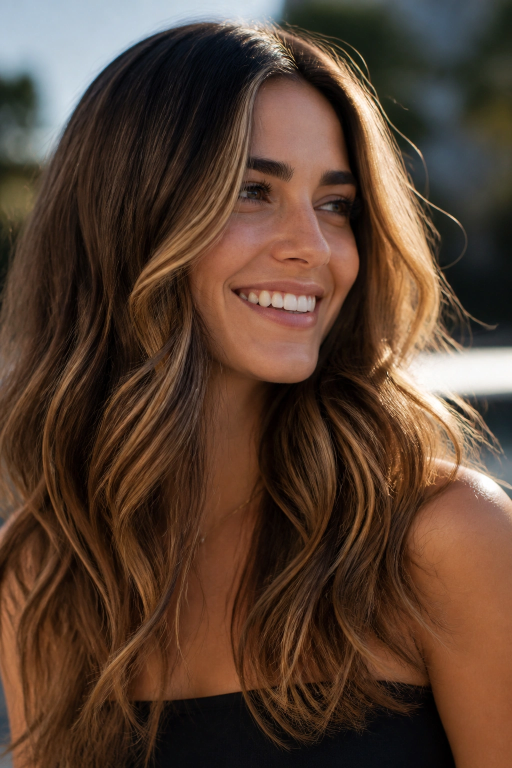 Portrait of warm brown hair with sunlit bronze balayage.