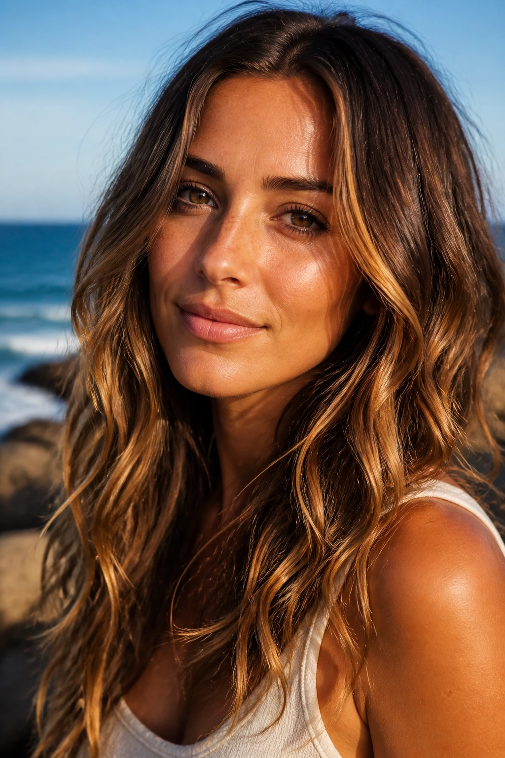 Portrait of brunette with sunlit caramel balayage on beachy waves outdoors