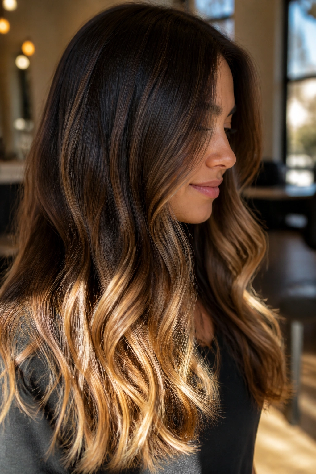 Close-up of sunlit caramel-sliced ends on long brown hair