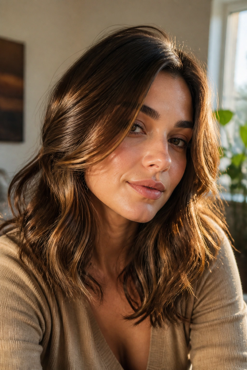 Close-up portrait of a real woman with sunlit chestnut waves and sun-kissed highlights using natural window light