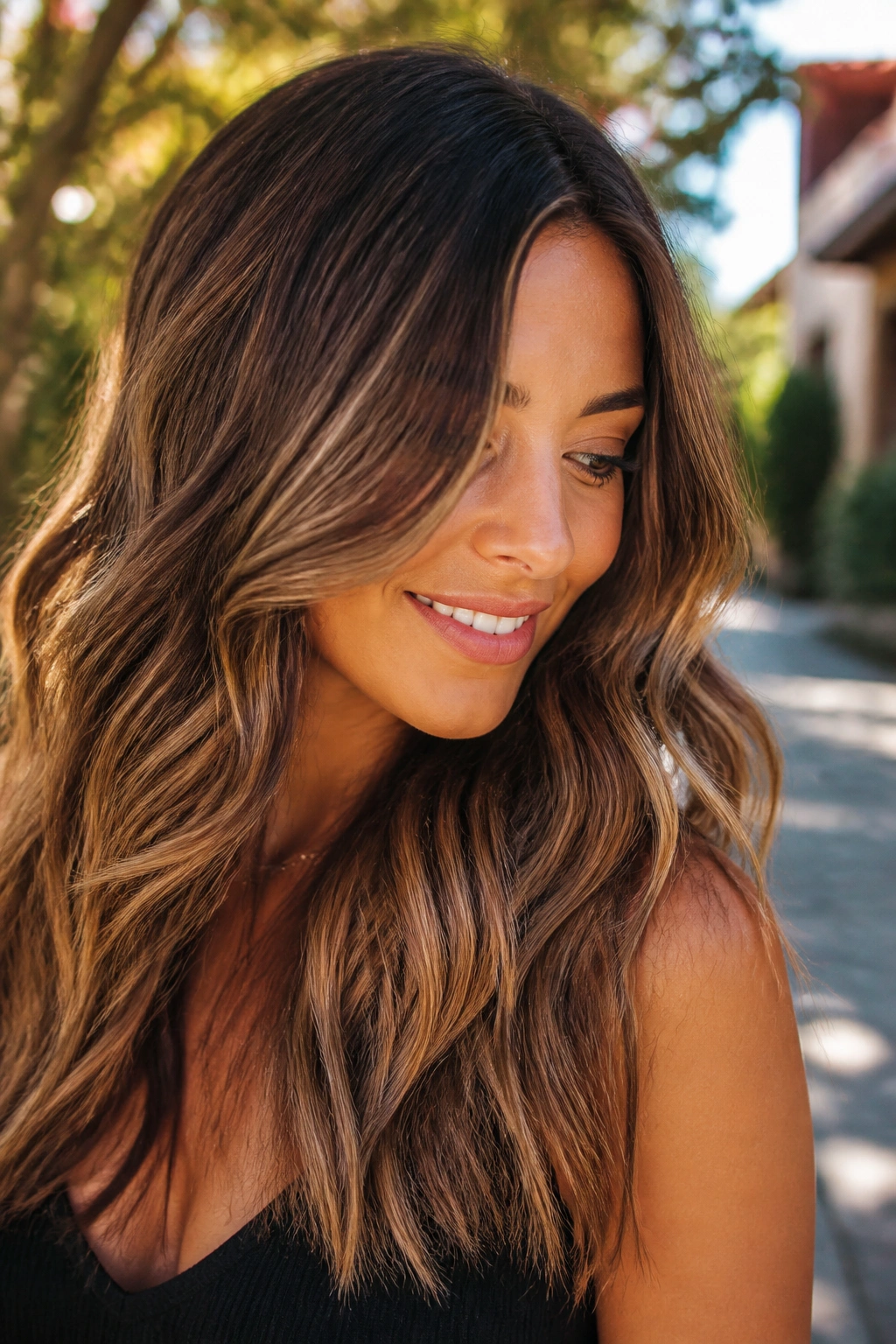 Sunlit chestnut waves with soft root shadow on a real person