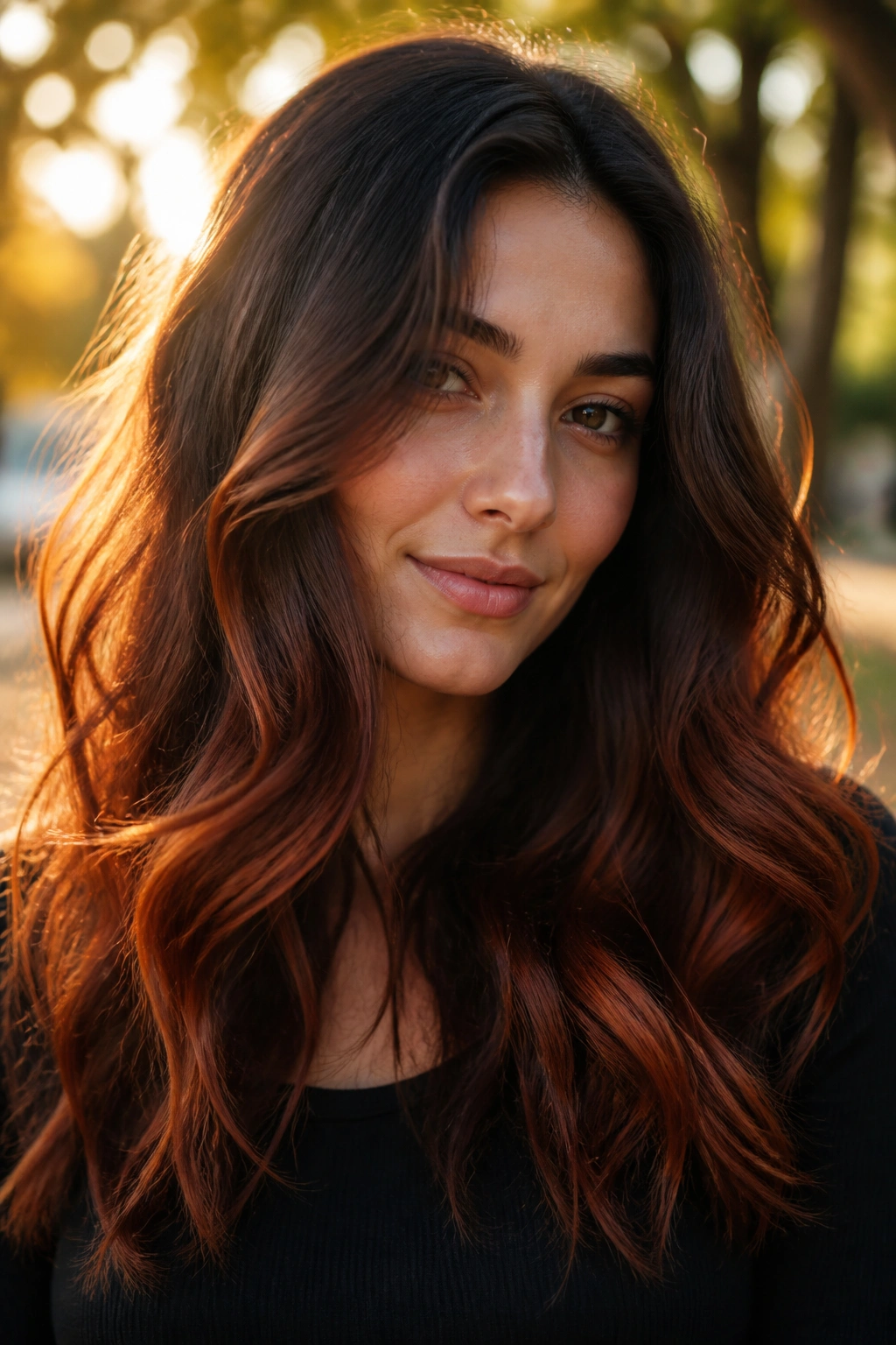 Close-up of a real woman with sunlit copper on dark brunette hair outdoors