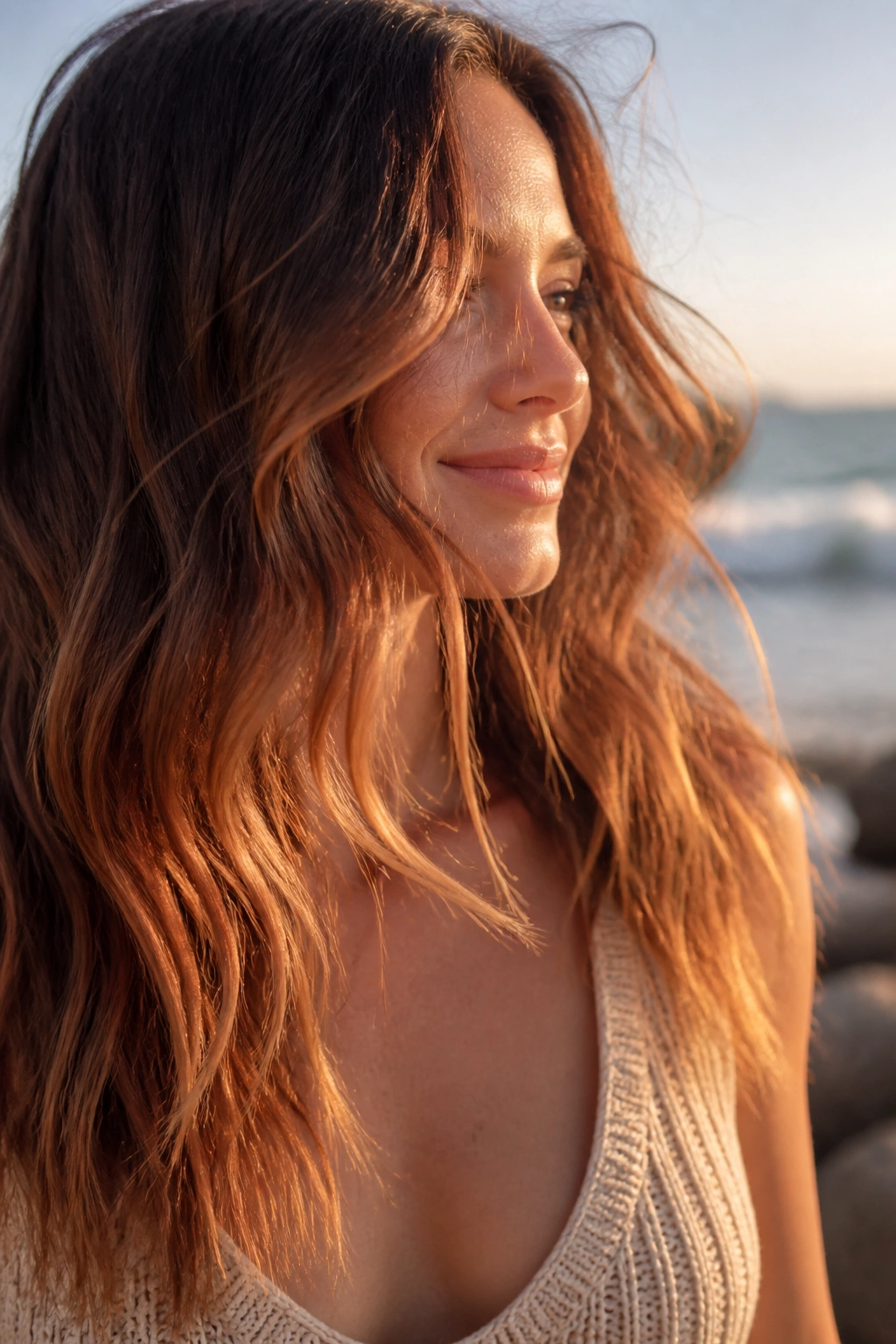 Close-up of sunlit strawberry blonde balayage ends on brown hair with beachy waves