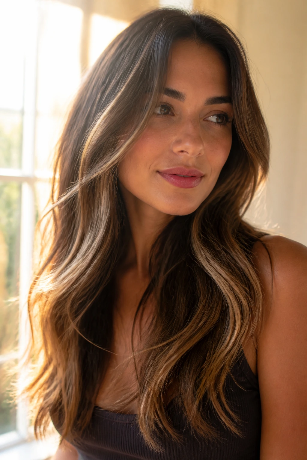 Close-up of long brown hair with sunlit ends and espresso underlayers