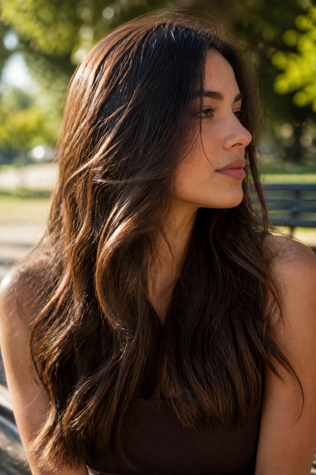 Close-up portrait of a real person with sunlit espresso hair in natural outdoor light