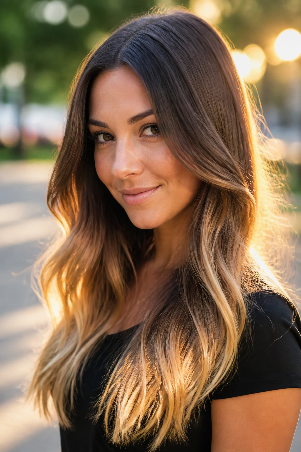 Close-up of a real woman with sunlit gold ends on long hair in golden hour light