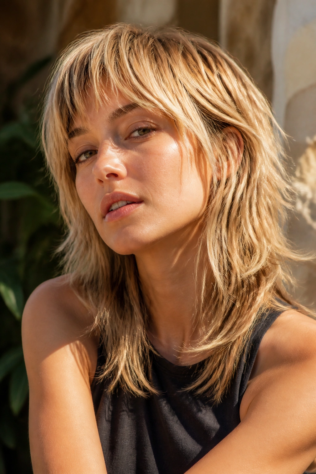 Real woman with sunlit grown-out blonde mullet in golden hour light