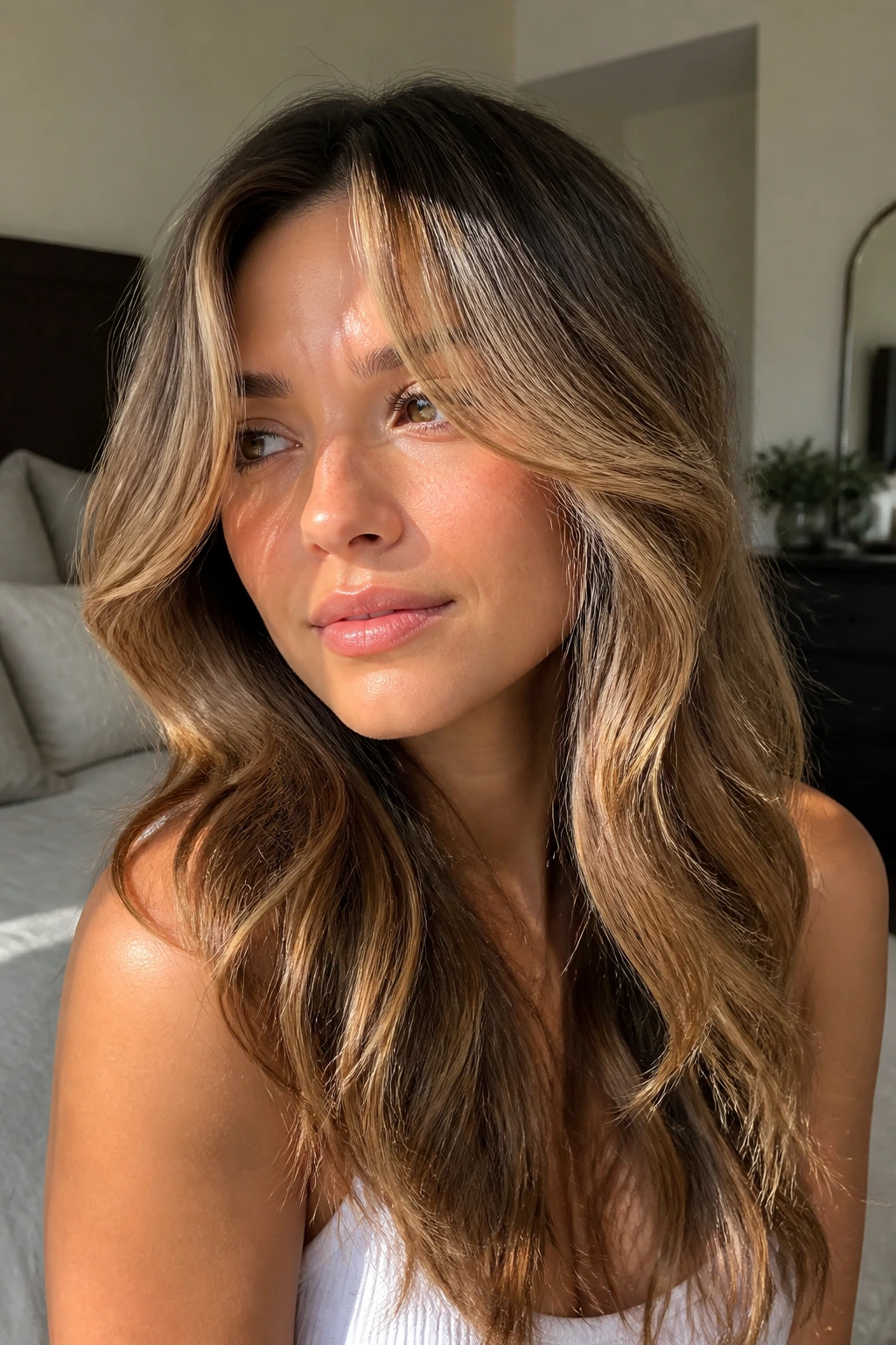 Close-up of a real woman with sunlit honey balayage and curtain bangs in natural window light