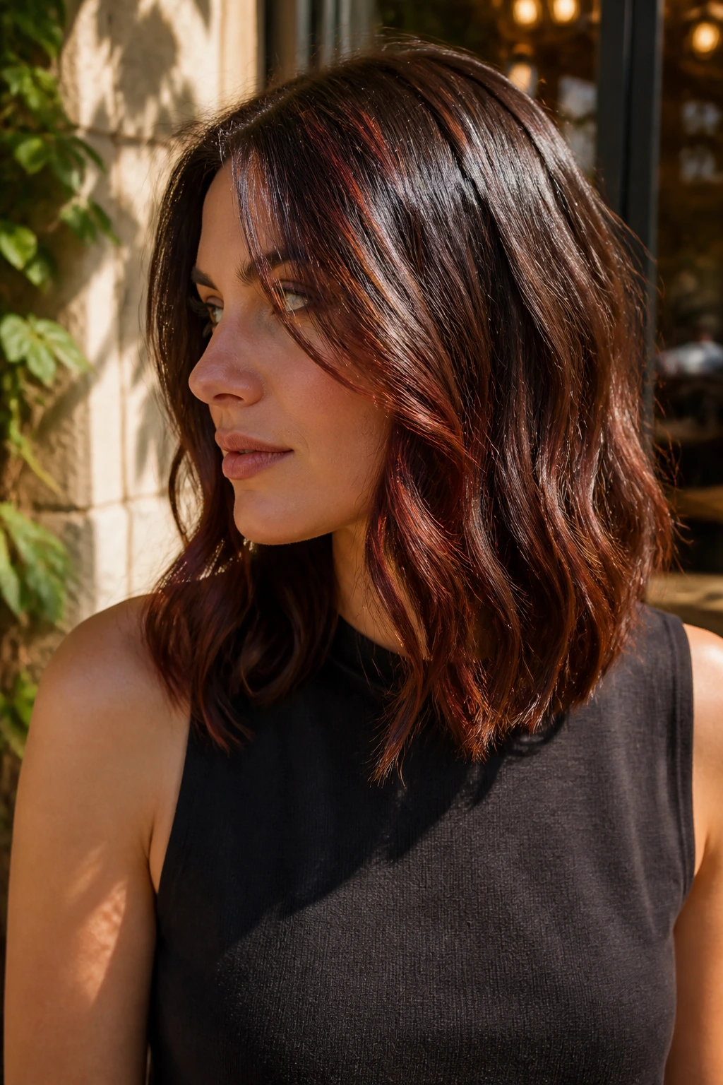 Close-up of brunette lob with sunlit mahogany highlights along the bends and front edge.
