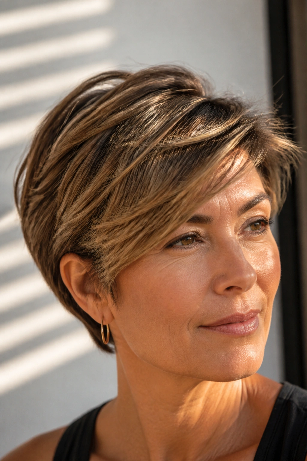 Real woman with sunlit micro-foils on short hair.