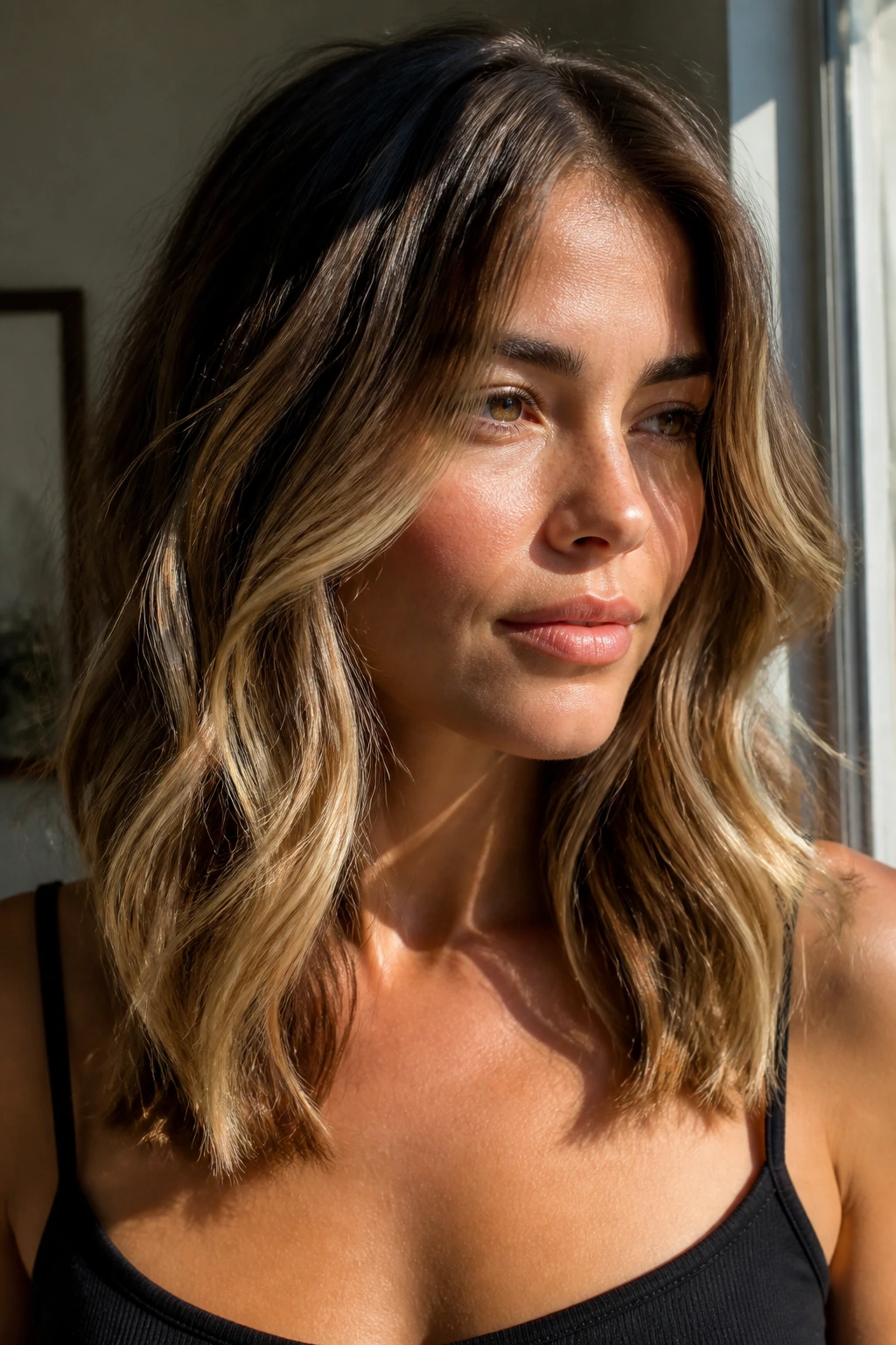 Close-up of brunette hair with sunlit mid-length slices in the center