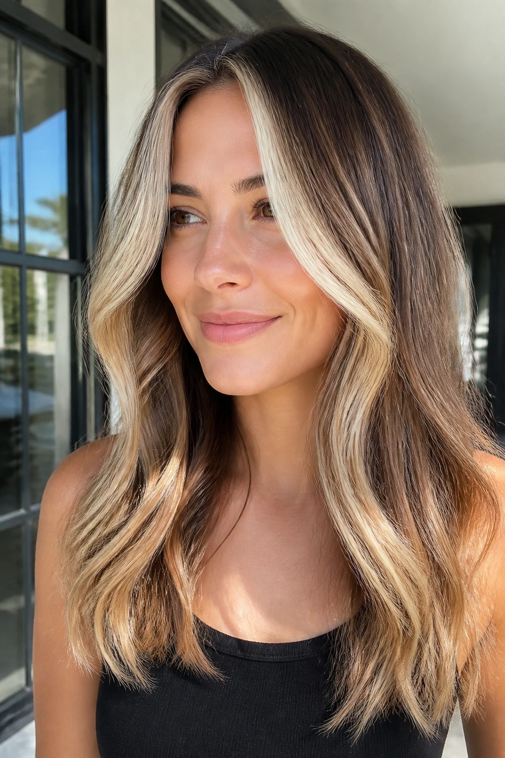 Close-up portrait of a woman with sunlit money piece and soft ends balayage.