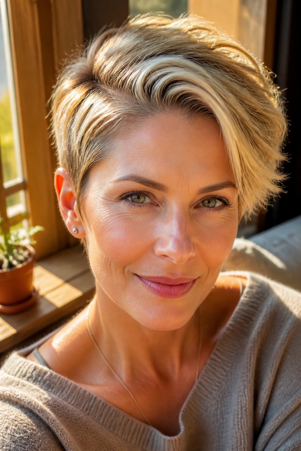 Close-up of a real woman with deep side part in a sunlit pixie