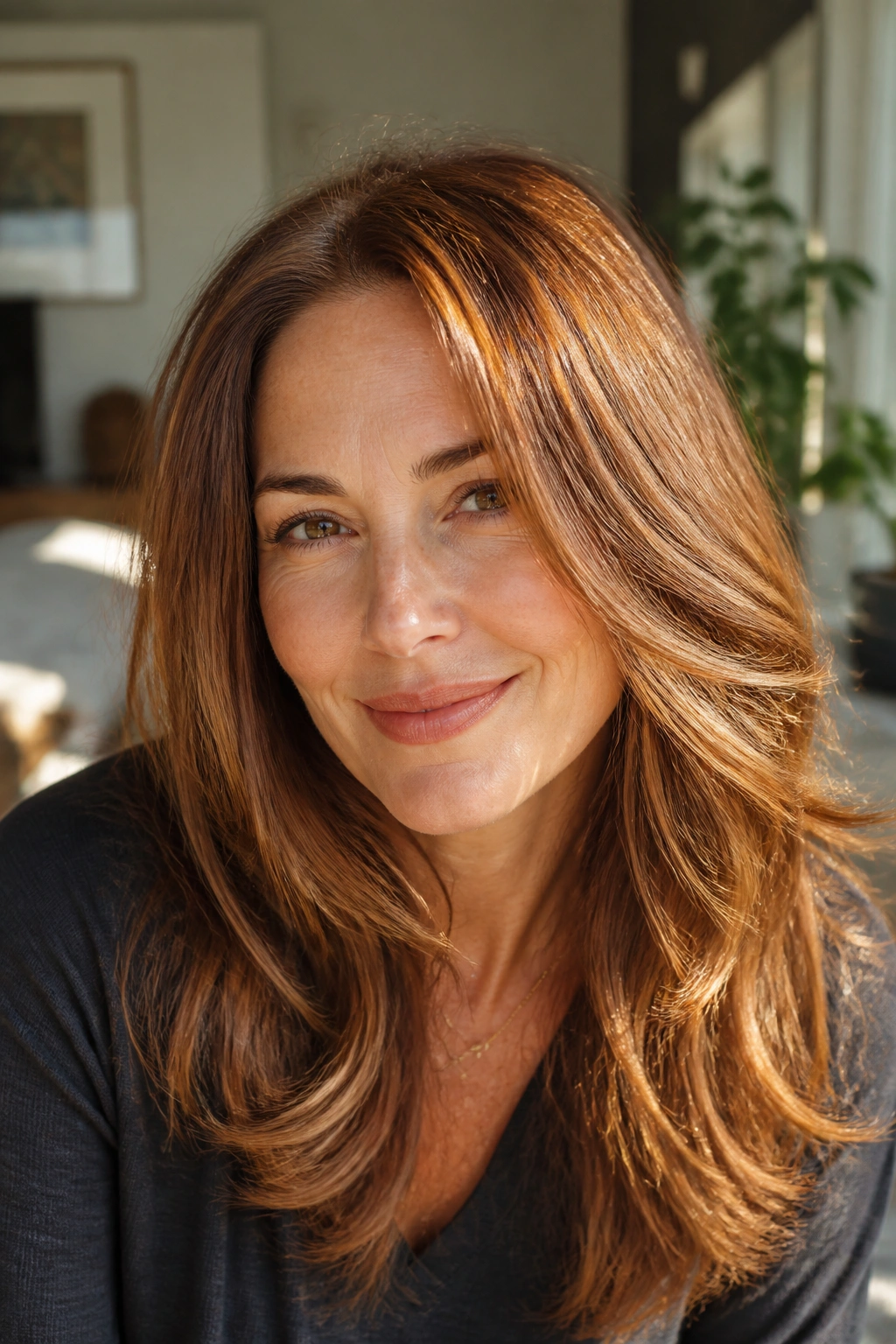 Close-up of a real woman with sunlit strawberry brown hair in natural light