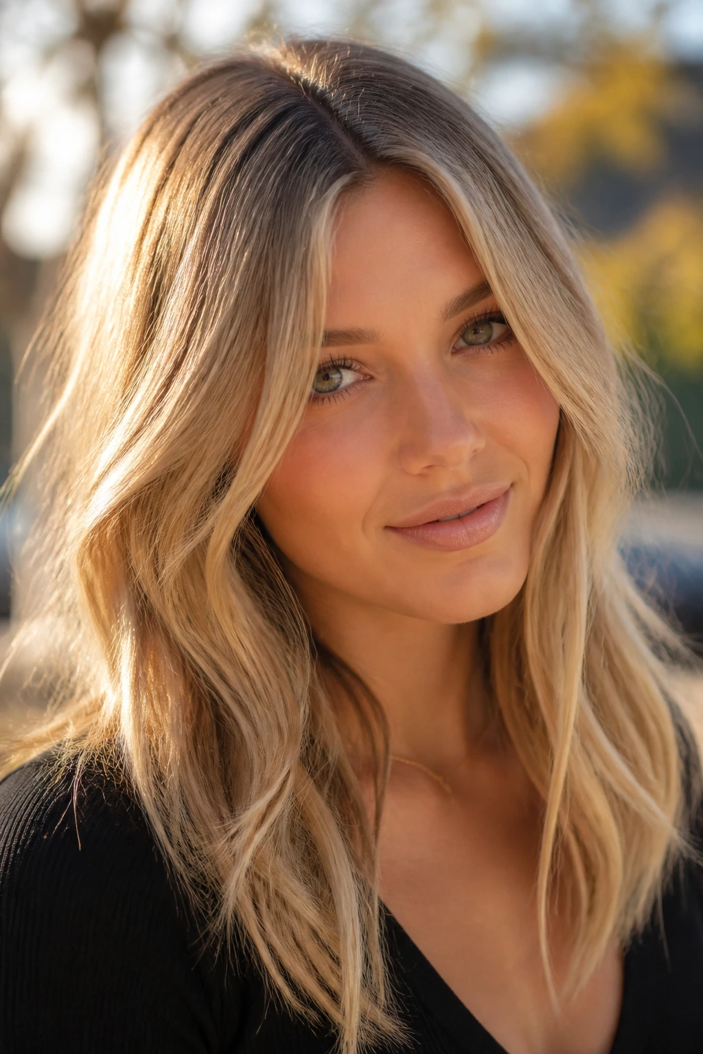 Close-up portrait of a real woman with sunlit wheat blonde in natural sunlight