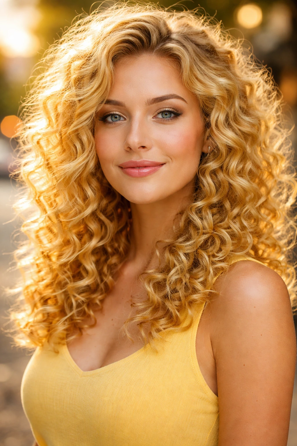 Close-up of a real woman with Bright Sunny Blonde curls in sunlit outdoor setting