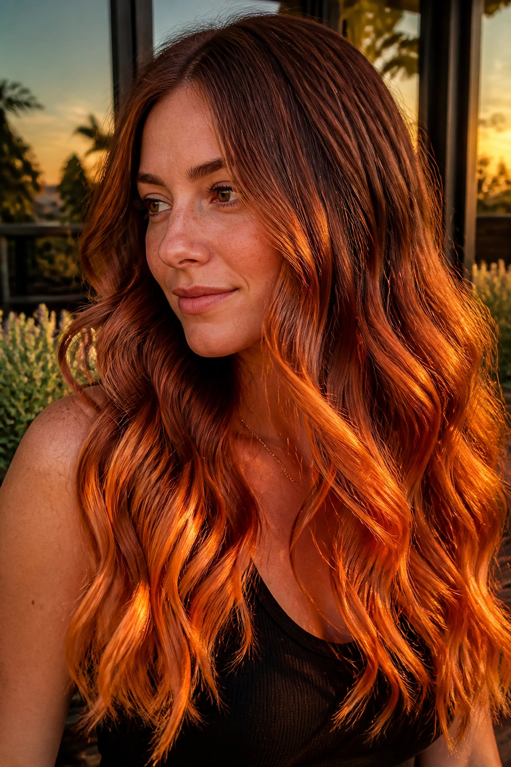 Real woman with long loose waves in sunset auburn balayage.