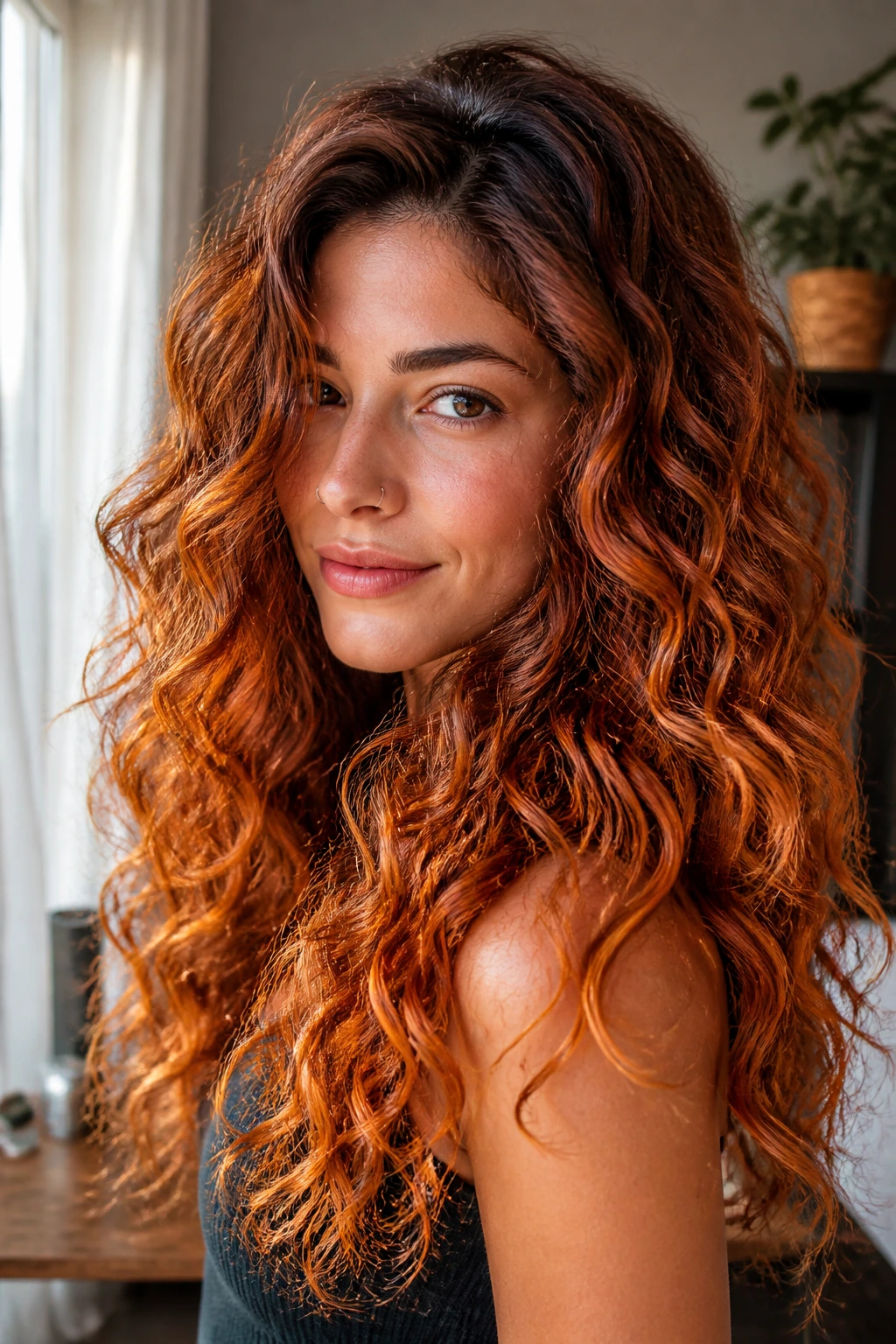 Close-up of sunset auburn balayage on long curls in natural light